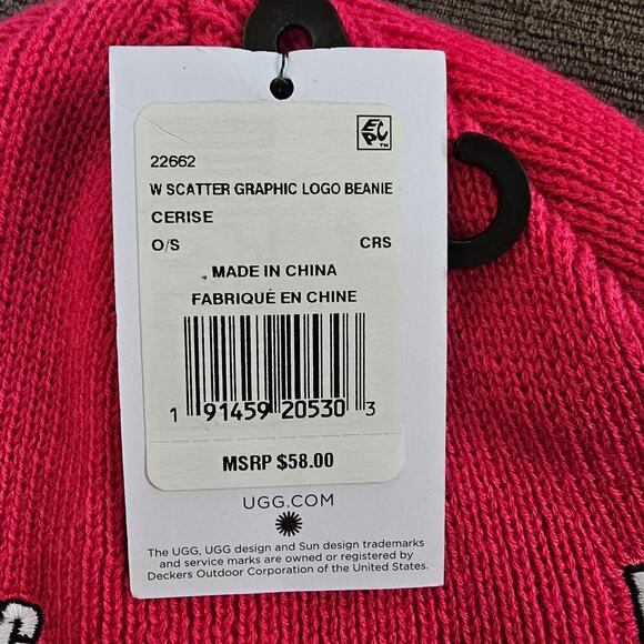 UGG Women's Cerise Pink Scatter Graphic Logo Knit Cuff Beanie Size One Size - Picture 7 of 7